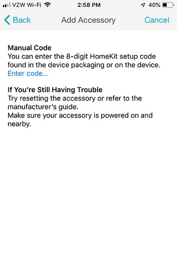 App Install on iPhone - Add Accessory Manual Code