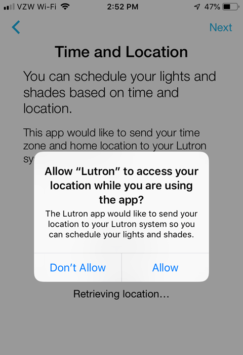 Lutron Caseta App Install on iPhone - Permission to access your location while using the app