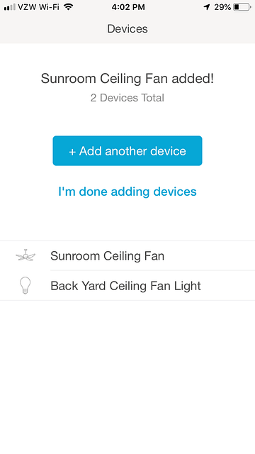 Sunroom Ceiling Fan Device Added Confirmation Screen