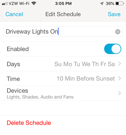 Lutron Caseta Smartphone App - Edit Schedule