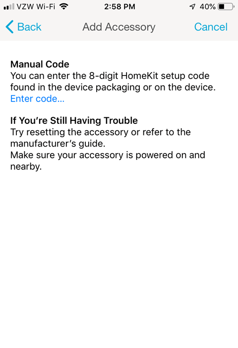 Lutron Caseta App Install on iPhone - Add Accessory Manual Code