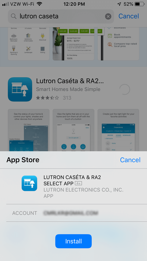 Lutron Caseta App in iPhone App Store
