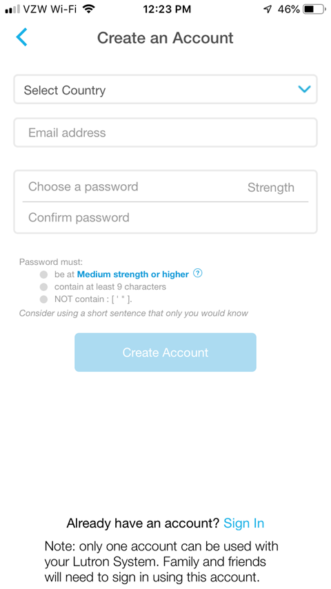 Lutron Caseta App Install on iPhone - Create Lutron Cloud Account