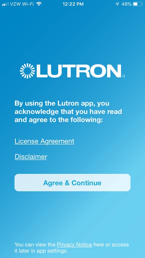 Lutron Caseta App Install on iPhone - Agree to Terms