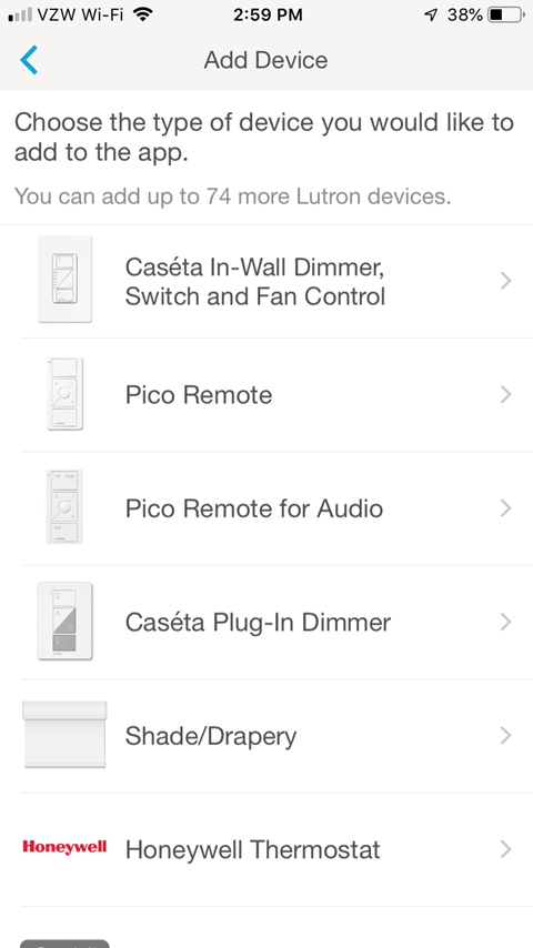 Lutron Caseta App Install on iPhone - Choose the type of device your would like to add to the app
