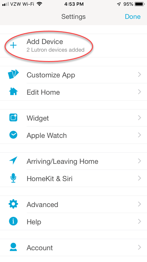 Lutron Caseta App - Settings Screen