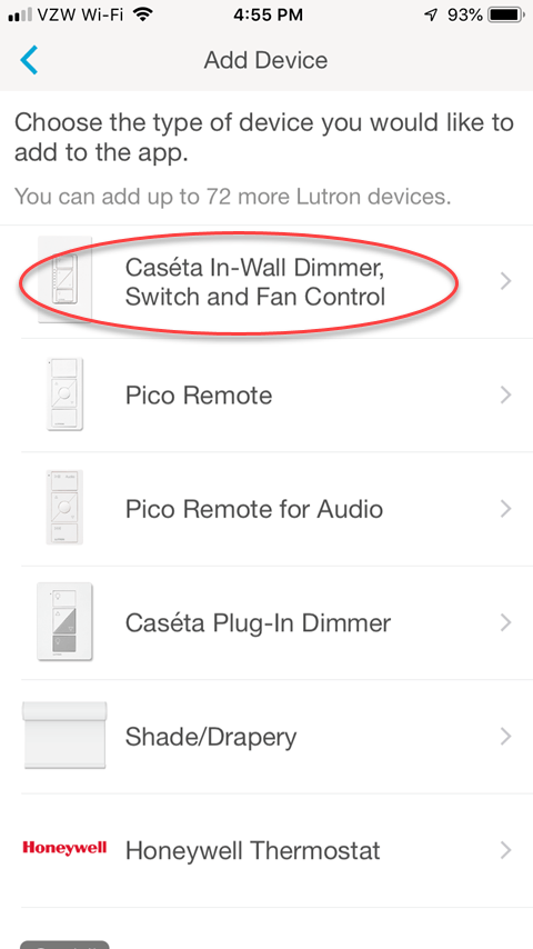 Lutron Caseta App - Add Device Screen