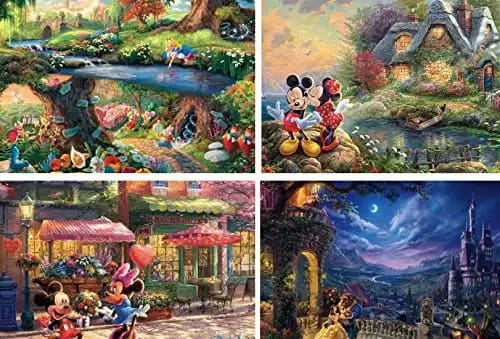 Ceaco - 4 in 1 Multipack - Thomas Kinkade - Disney Dreams Collection - Alice in Wonderland, Mickey and Minnie, & Beauty and The Beast - (4) 500 Piece Jigsaw Puzzles
