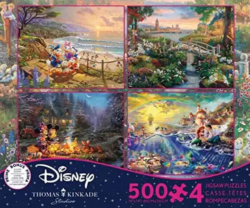 Ceaco - 4 in 1 Multipack - Thomas Kinkade - Disney Dreams Collection - Donald & Daisy Duck, 101 Dalmatians, Mickey, Minnie, & Pluto, & The Little Mermaid - (4) 500 Piece Jigsaw Puzzles