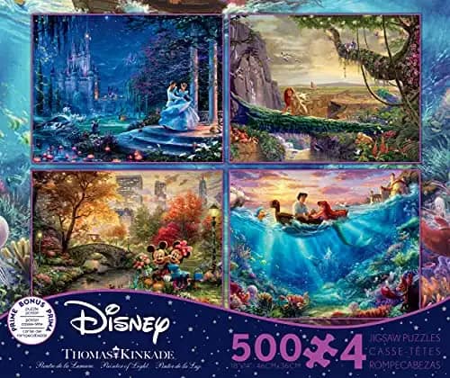 Ceaco - 4 in 1 Multipack - Thomas Kinkade - Disney Dreams Collection - Cinderella, The Lion King, Mickey and Minnie, & The Little Mermaid - (4) 500 Piece Jigsaw Puzzles , Blue