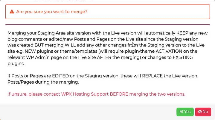 Are you sure your want to merge the staging site into live?