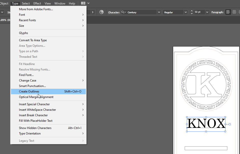 Create Outlines option under the Type menu in Illustrator