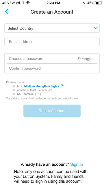 App Install on iPhone - Create Lutron Cloud Account