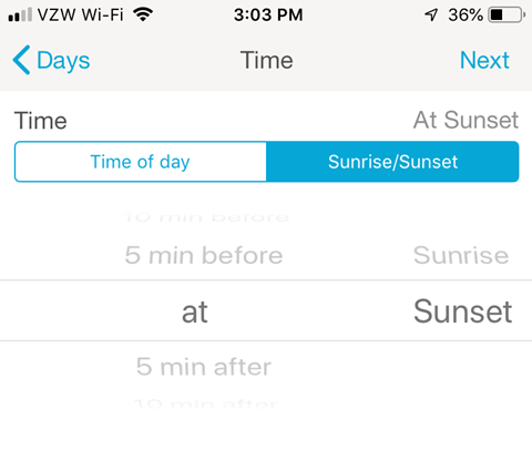 Lutron Caseta Smartphone App - Set Time of day or Sunrise/Sunset