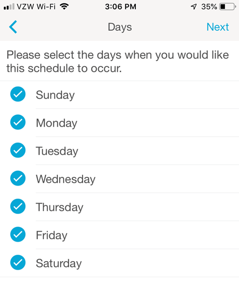 Lutron Caseta Smartphone App - Select the days you would like the schedule to occur